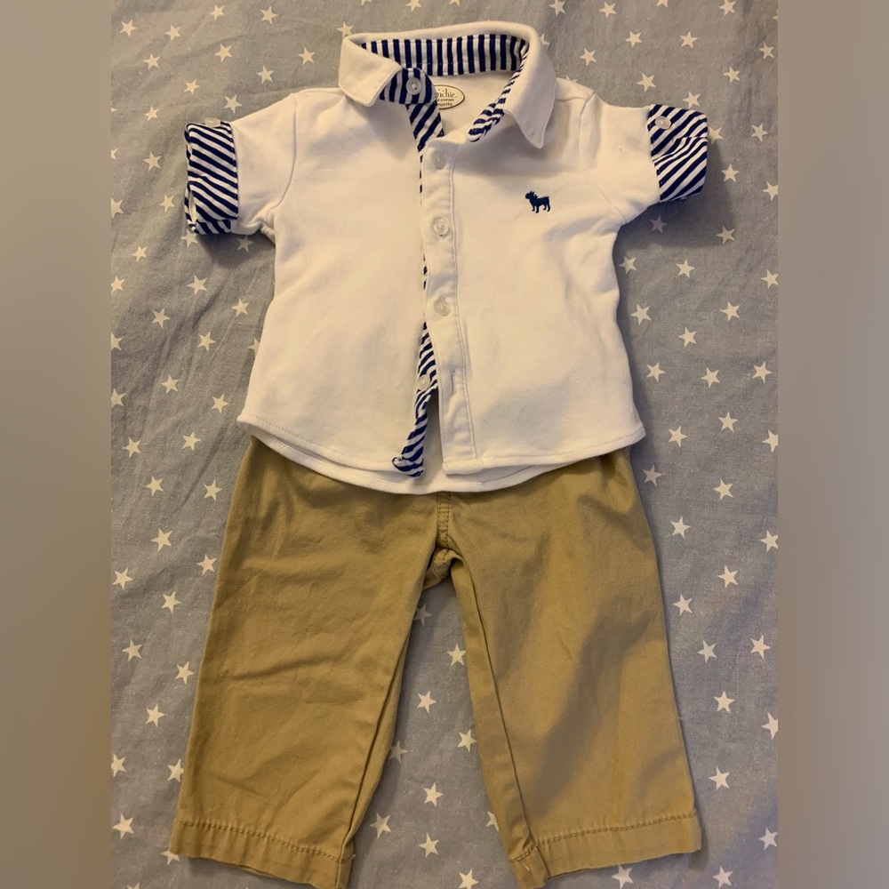 Baby Boy Frenchie mini couture Button Down Shirt & Carter’s Pants